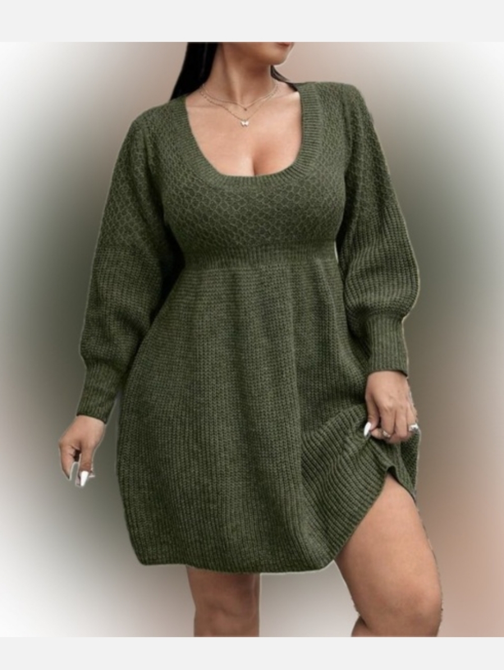 Flirla Olive Knit Sweater Dress with Long Sleeves